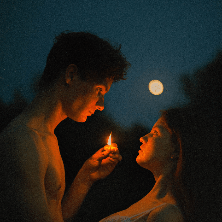 man holding a flame up to a woman