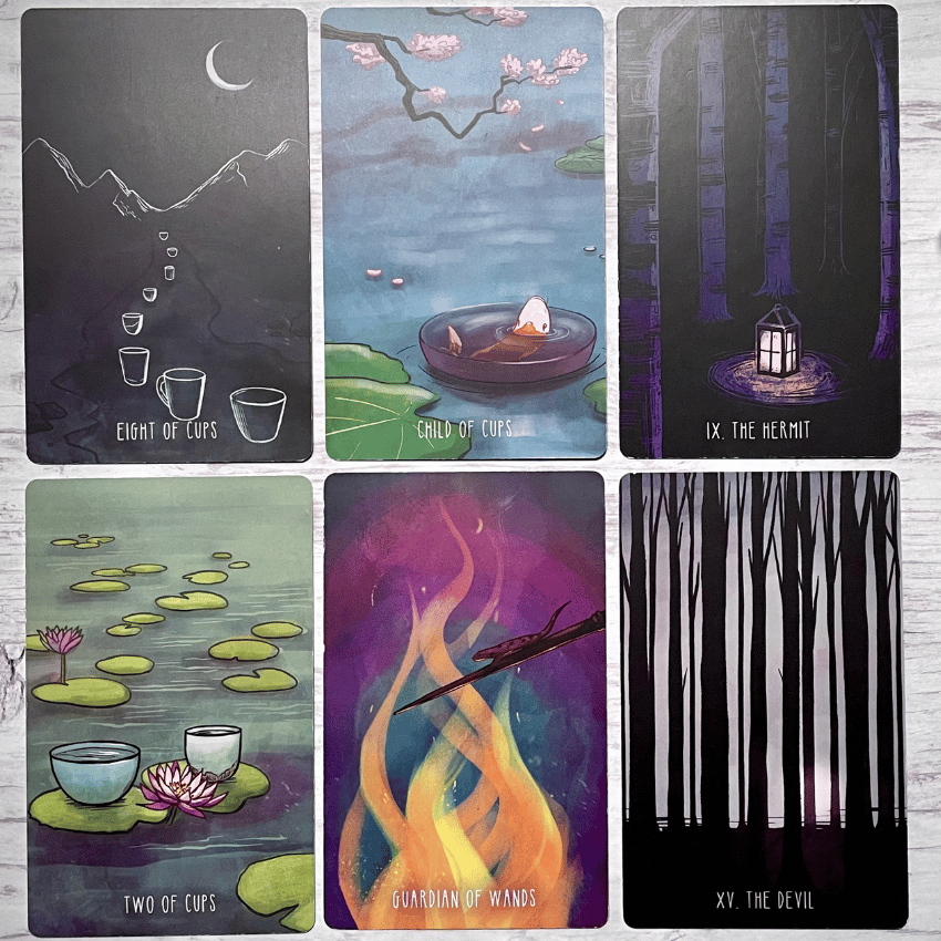 Exemples de cartes de tarot tirées pour le solstice d'hiver comprenant huit de coupes, deux de coupes, le gardien des baguettes, l'enfant des coupes, l'ermite et le diable.